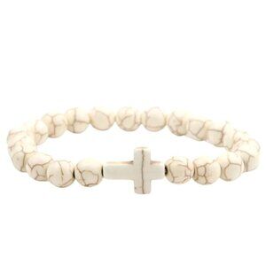 Natural Stone Bracelet Beaded Cross Calming Ivory Neutral Purity